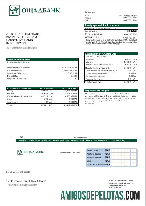Declaração de hipoteca ucraniana do Oshadbank em formatos Word e PDF exemplo real